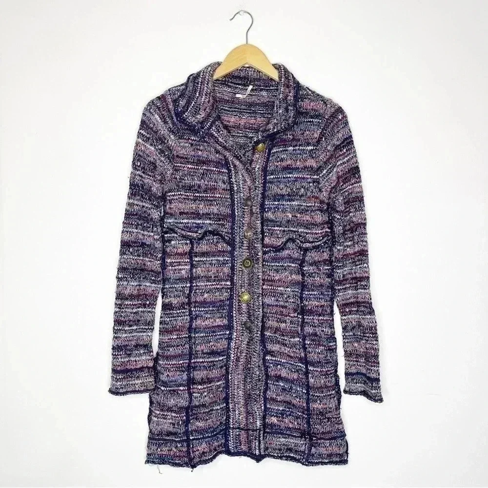 Free People Purple Tweed Cardigan Sweater Size Small